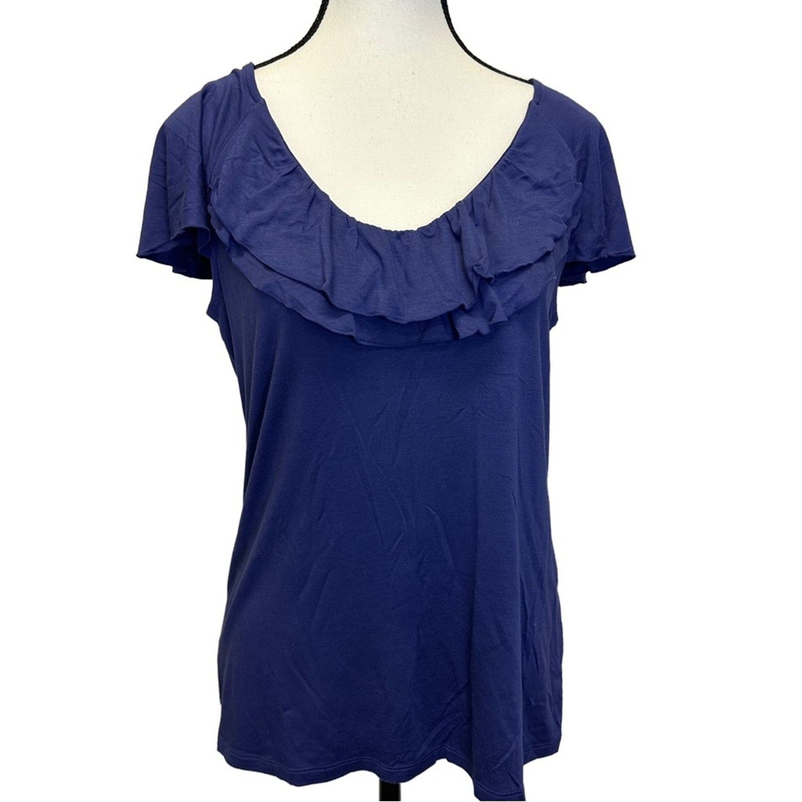 Ann Taylor Ann Taylor Blue Ruffle Neckline Top - Size Medium Size M / US 6-8 / IT 42-44 - 1 Thumbnail