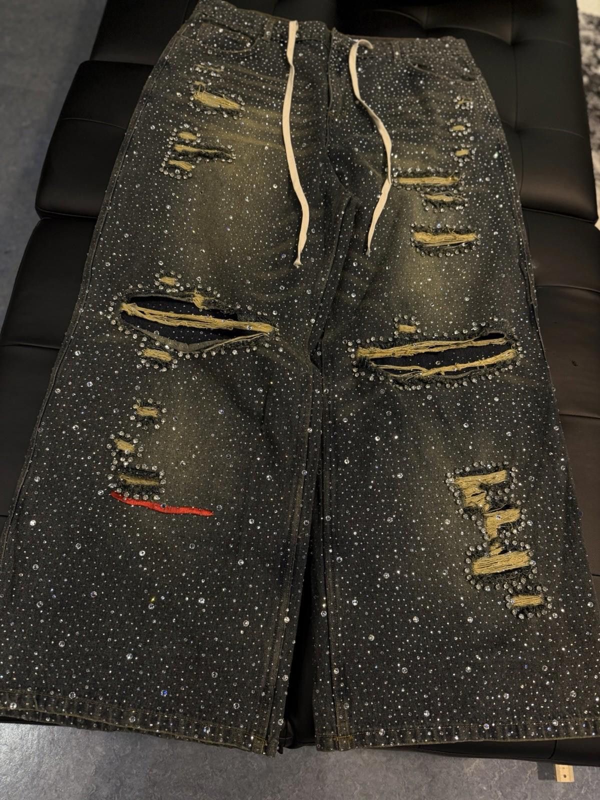 Vale Valley Baggy Crystal Stone Denim Blue Jeans Size 34 (NEW) Size US 34 / EU 50 - 3 Thumbnail