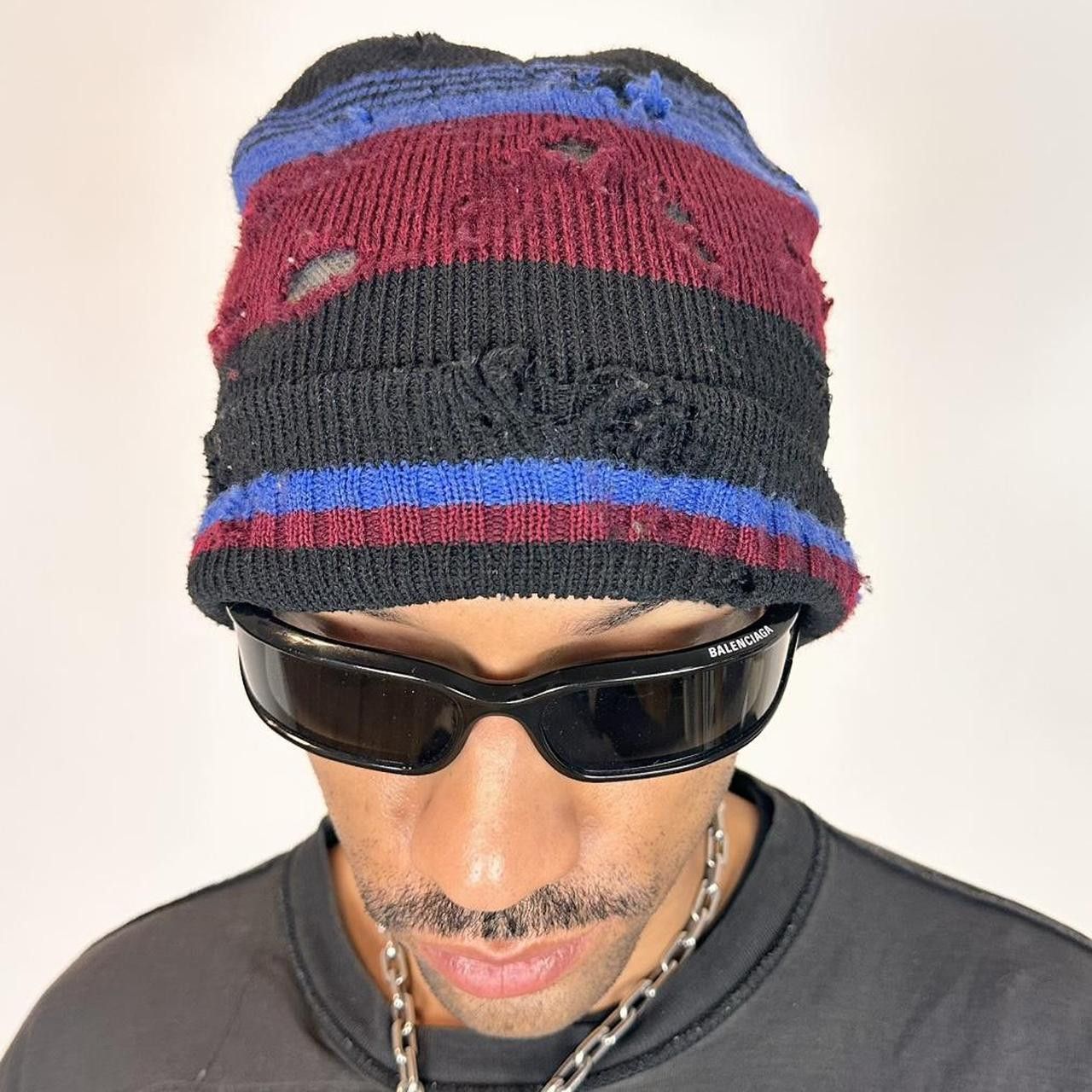Other ASTROBOI* Burgundy/Black/Blue Striped Grunge Beanie Size ONE SIZE - 6 Thumbnail