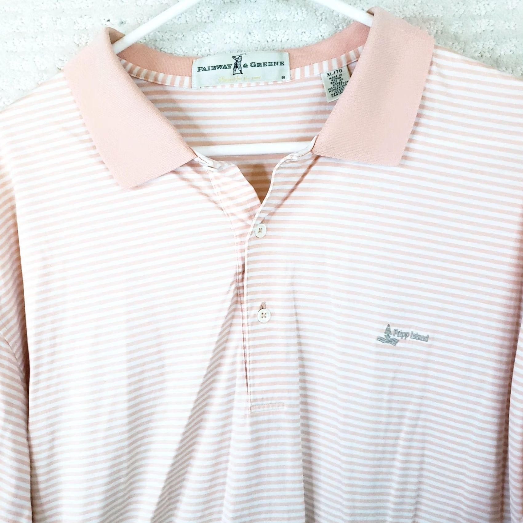 Vintage Fairway & Greene XL Shortsleeve Polo Peach Pink Striped Fripp Island Chest Logo Polo Shirt Mens XL Pink Striped Fripp Island Logo Size US XL / EU 56 / 4 - 3 Thumbnail