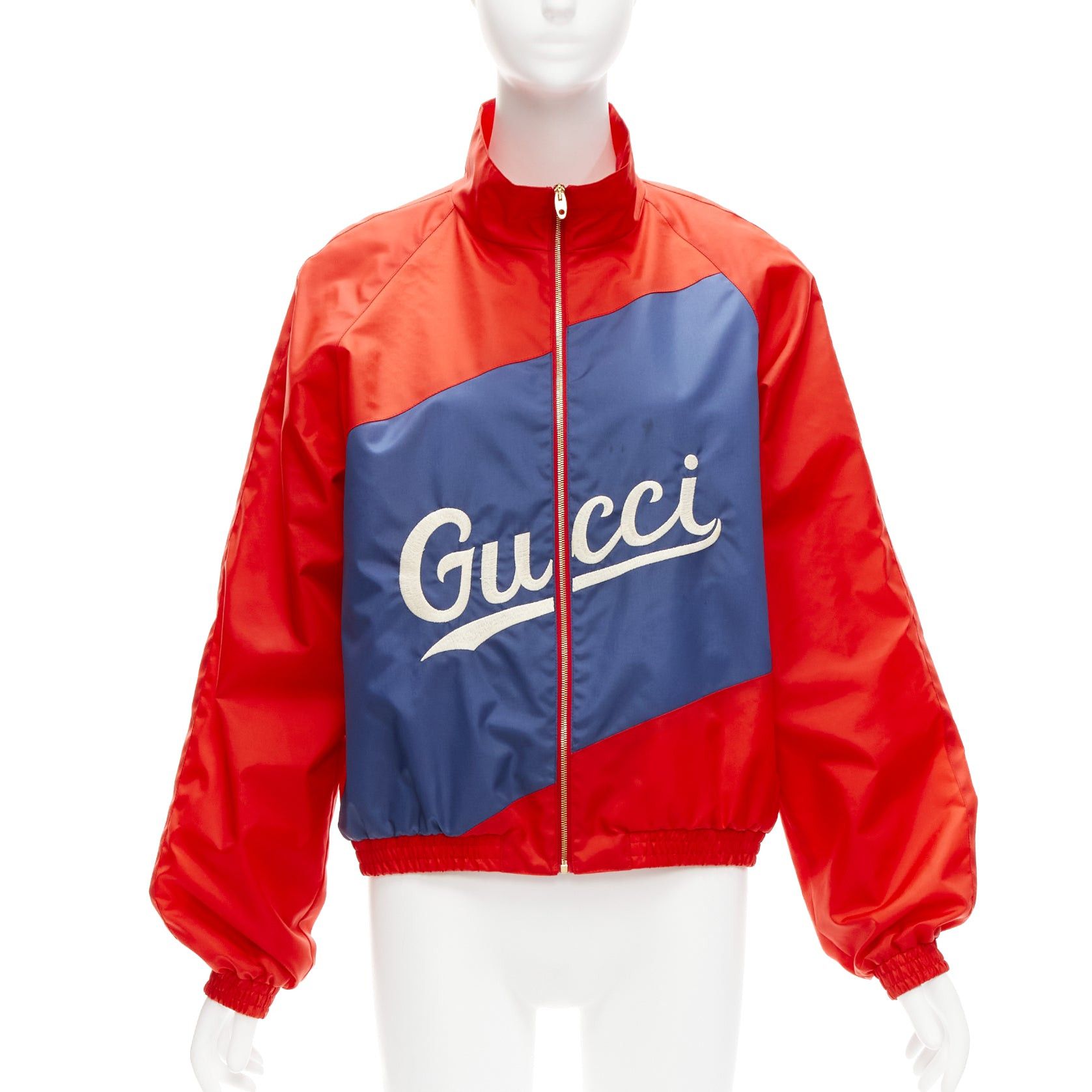 image of Gucci 2020 Script Logo Red Blue Nylon Track Coach Jacket It44 L, Women's (Size Medium)