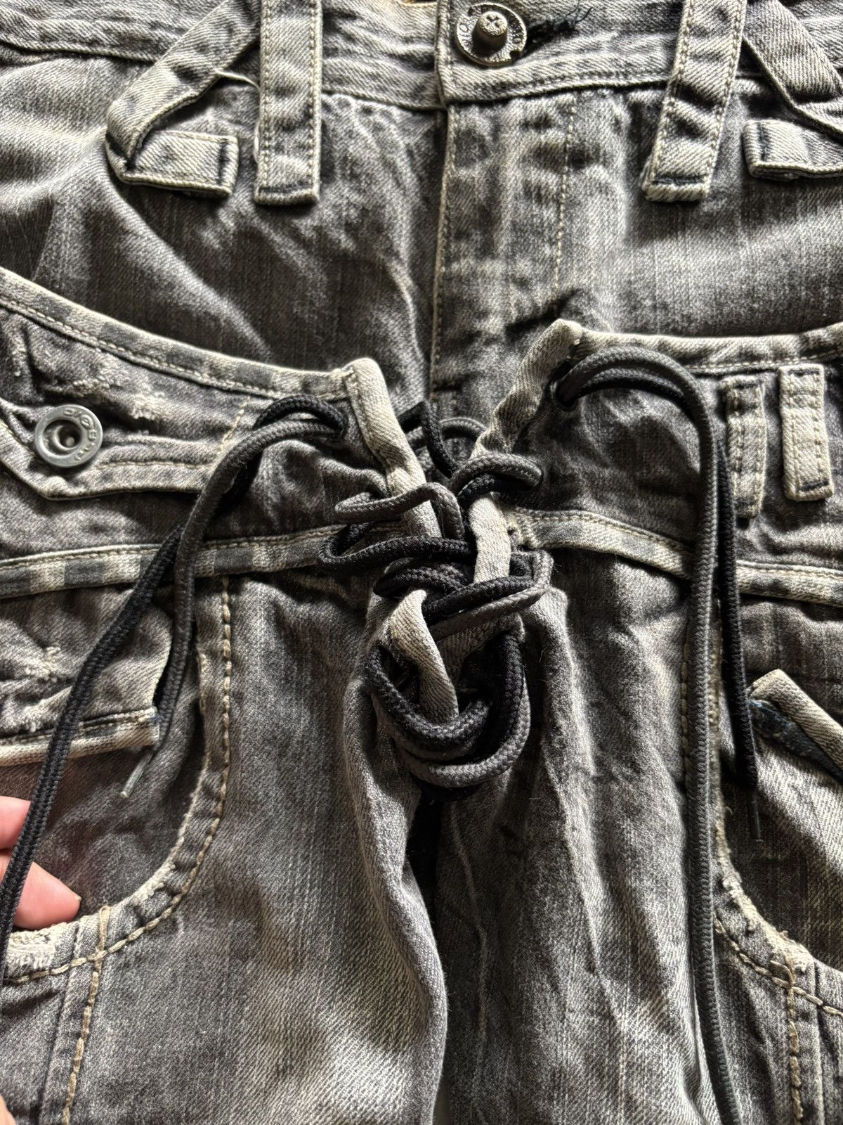 Japanese Brand Distressed double waist lace up jeans punk grungy stye Size US 32 / EU 48 - 3 Thumbnail