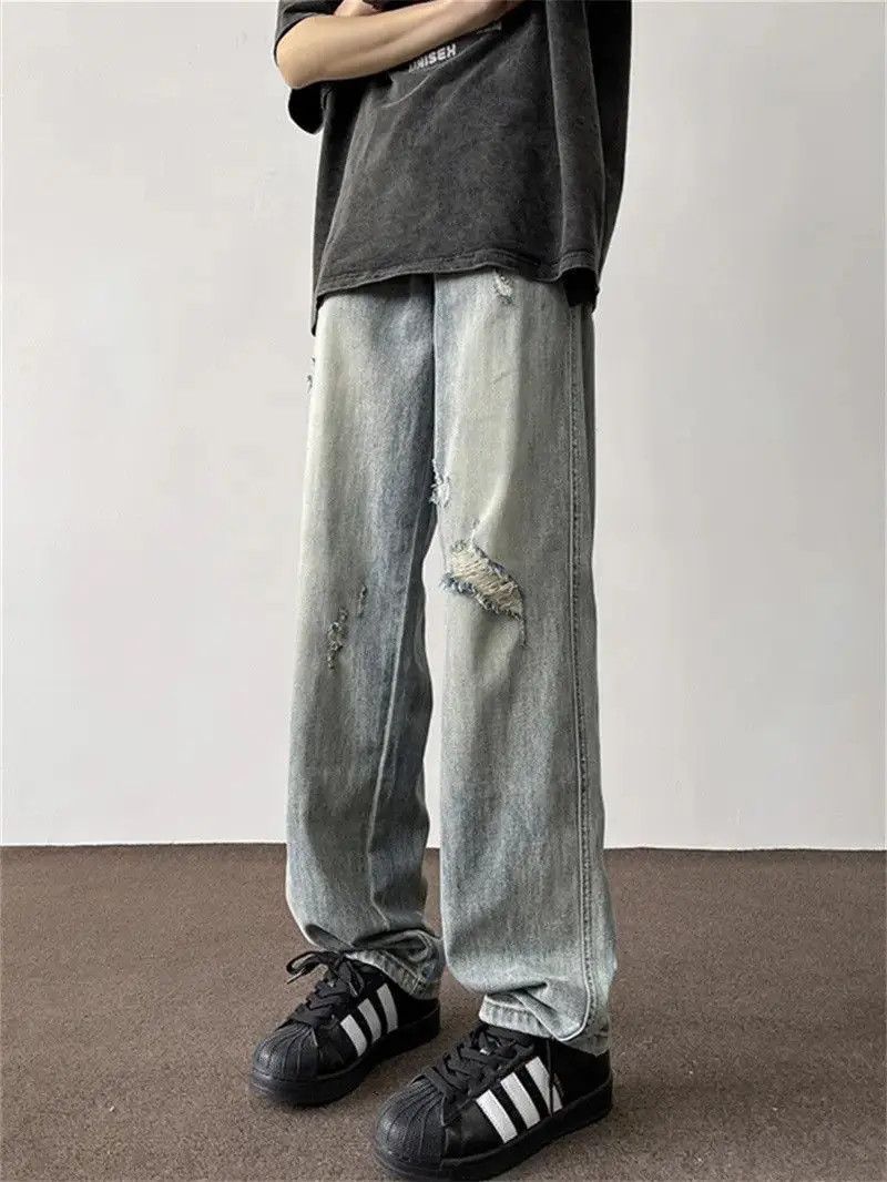 Japanese Brand Retro loose straight leg ripped jeans Size US 32 / EU 48 - 2 Thumbnail