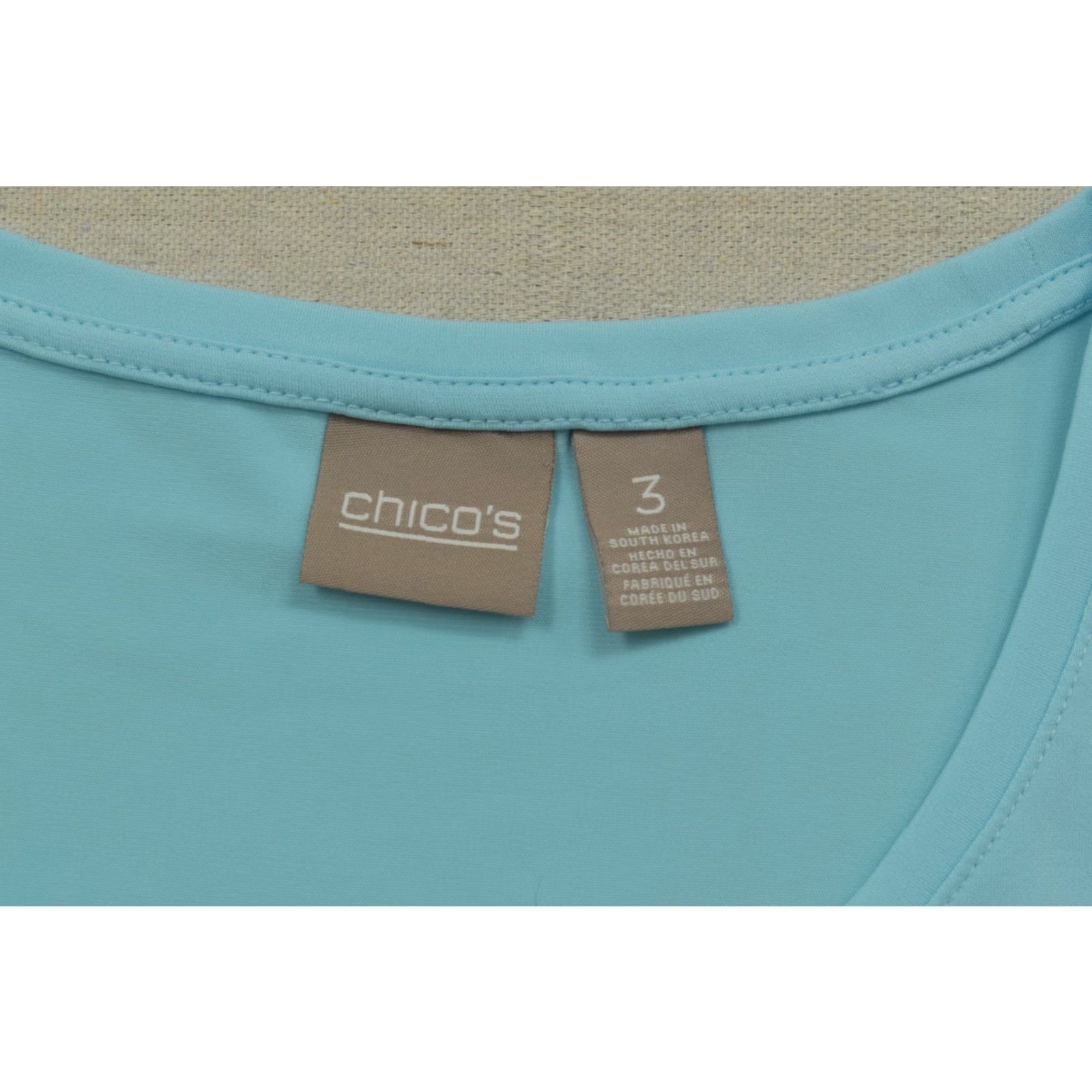 Vintage Chico's Women's Top Size 3 Aqua Blue Cap Sleeve Scoop Neck Knit Stretch Polyester Size XS / US 0-2 / IT 36-38 - 7 Thumbnail