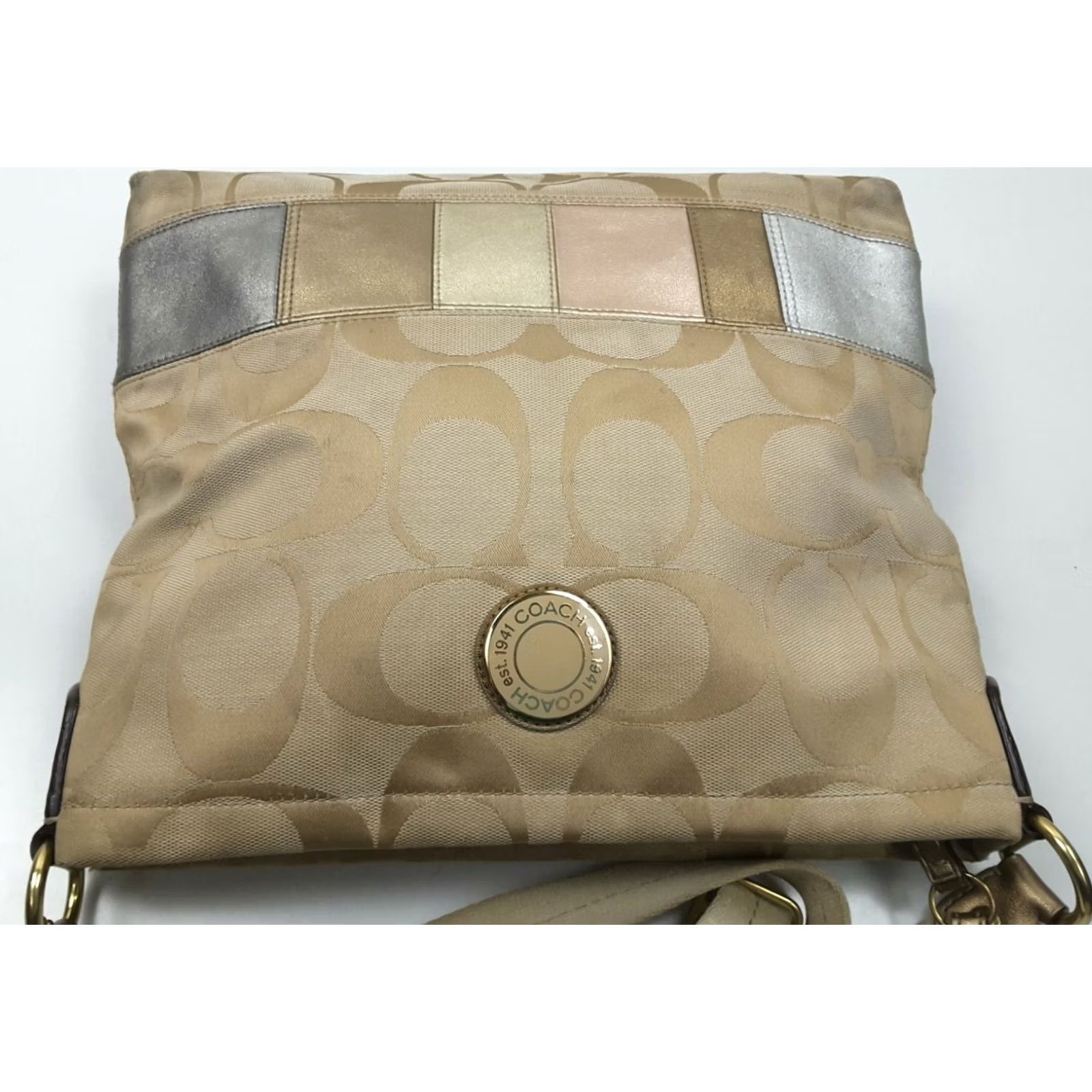Coach Coach Signature Khaki Metallic Patchwork Stripe Shoulder Crossbody Purse, Medium, Beige, Women, F19209 Size ONE SIZE - 3 Thumbnail