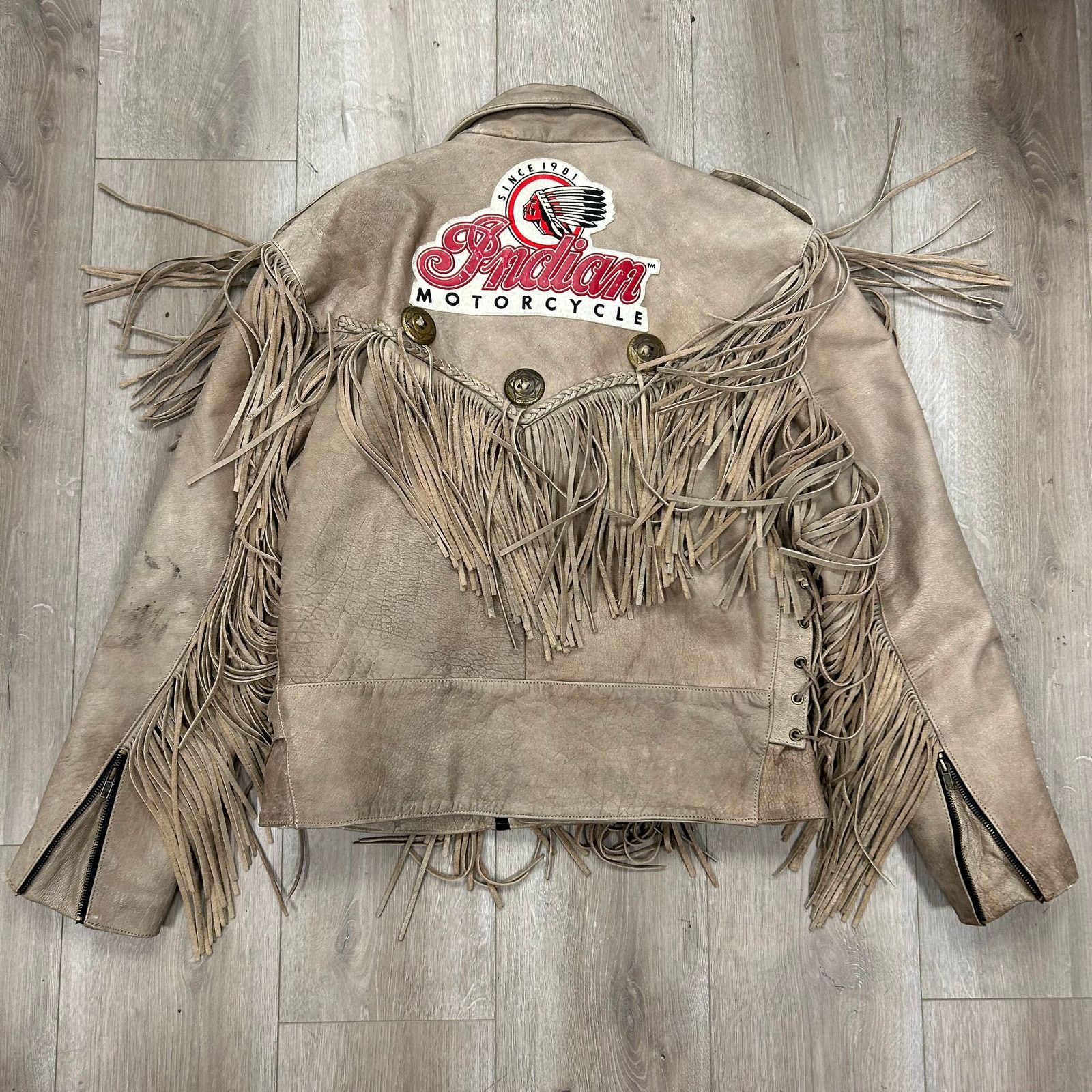 Harley Davidson Vintage Indian Motorcycle Fringe Tassel Brown Leather Jacket Size US L / EU 52-54 / 3 - 7 Thumbnail