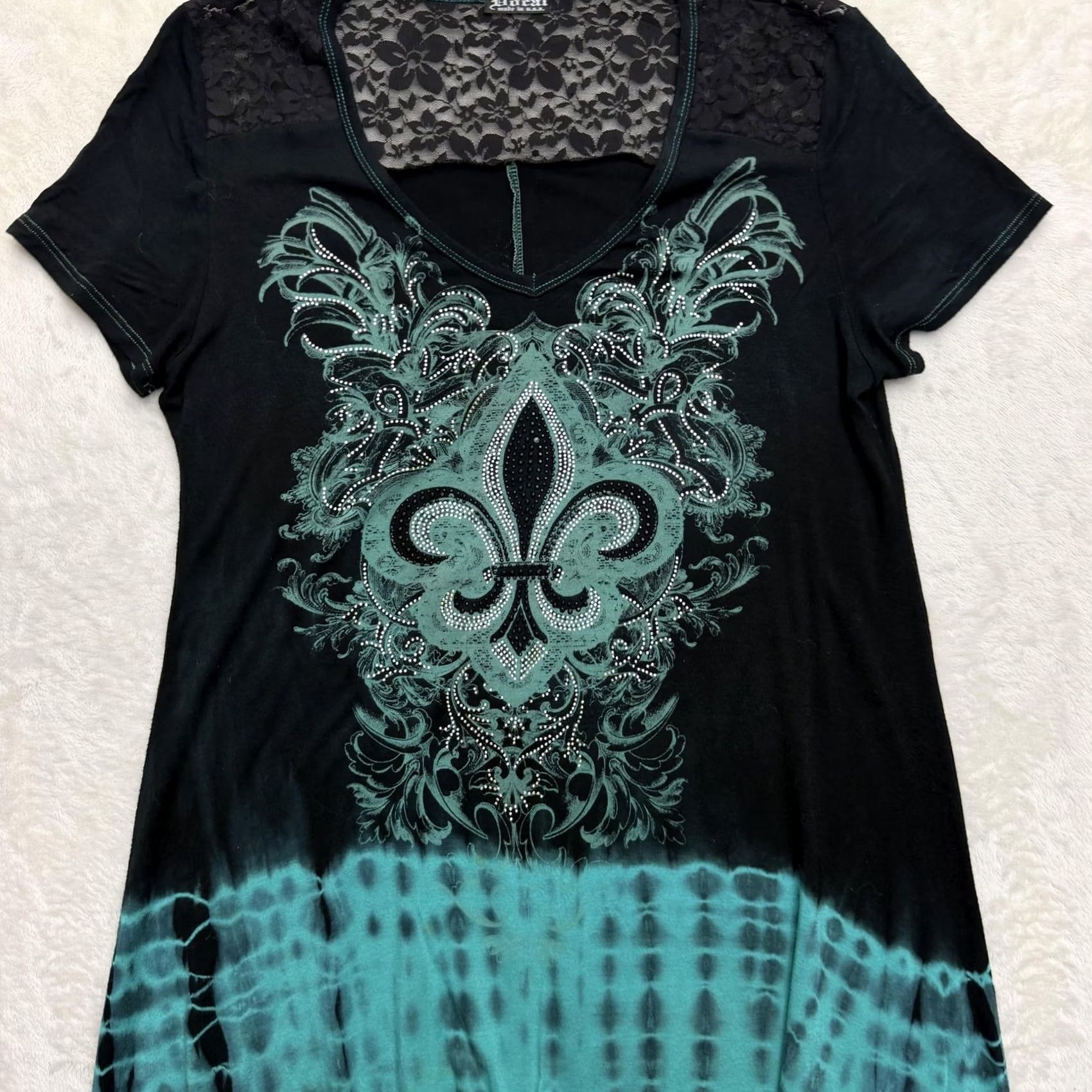 Altea Vocal Shirt Womens M Black Teal Fleur De Lis Rhinestone Tunic Top USA Shirt Womens M Black Teal Rhinestone Tunic Top USA Size M / US 6-8 / IT 42-44 - 4 Thumbnail