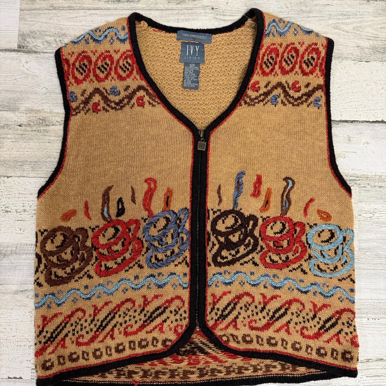 Designer Vintage Embroidered Coffee Vest Zip Up Womens XL Size XL / US 12-14 / IT 48-50 - 8 Thumbnail