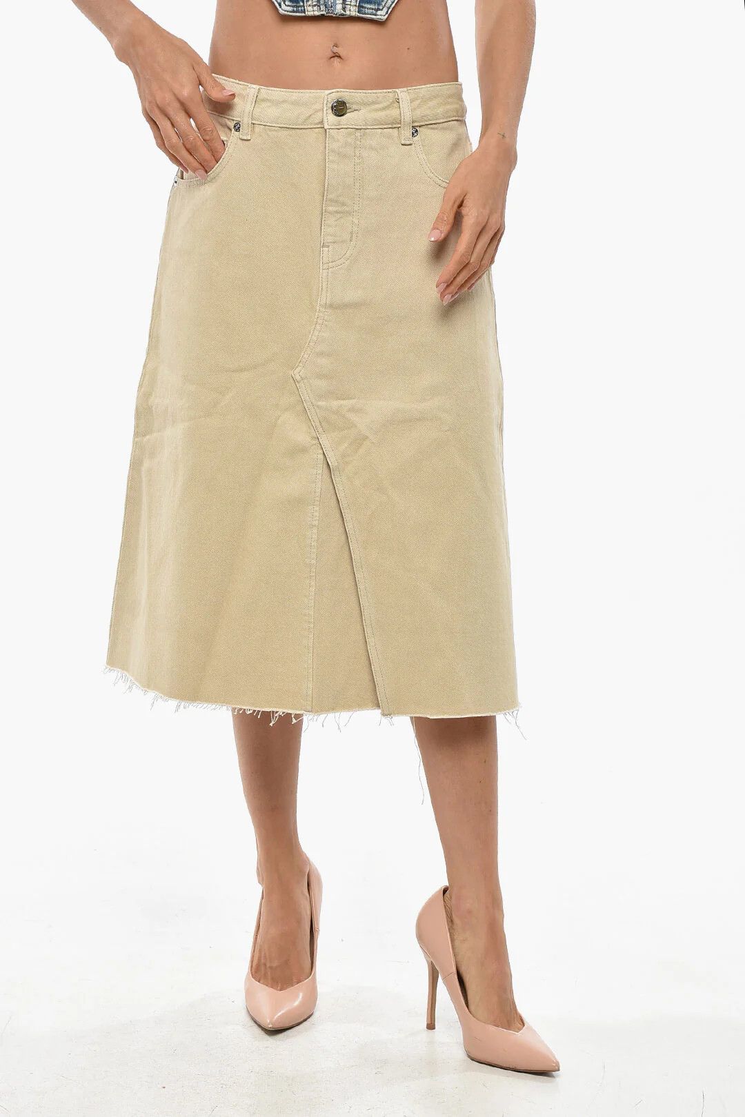 Tory Burch og1mm0426 Denim Midi Skirt in Beige Size 28" / US 6 / IT 42 - 1 Thumbnail