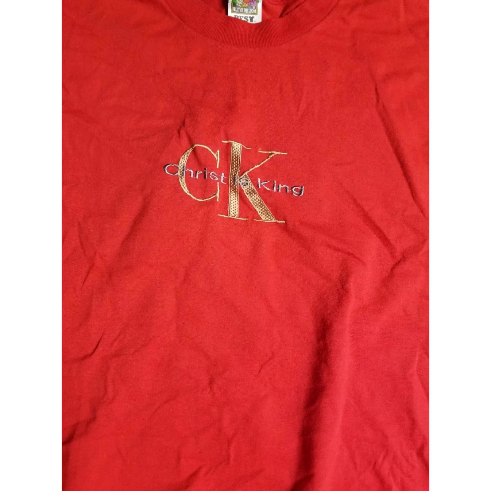 Fruit Of The Loom VINTAGE 90s CK Christ is King T-Shirt - Fruit of the Loom Mens XL Red Cotton Blend Embroidered Spellout Crew Neck Short Sleeve Size US XL / EU 56 / 4 - 3 Thumbnail