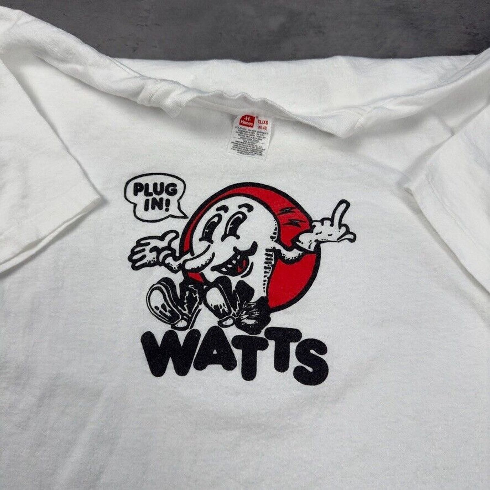 Hanes × Vintage Vintage Watts Plug In Middle Finger Novelty T Shirt 80s Size US L / EU 52-54 / 3 - 3 Thumbnail