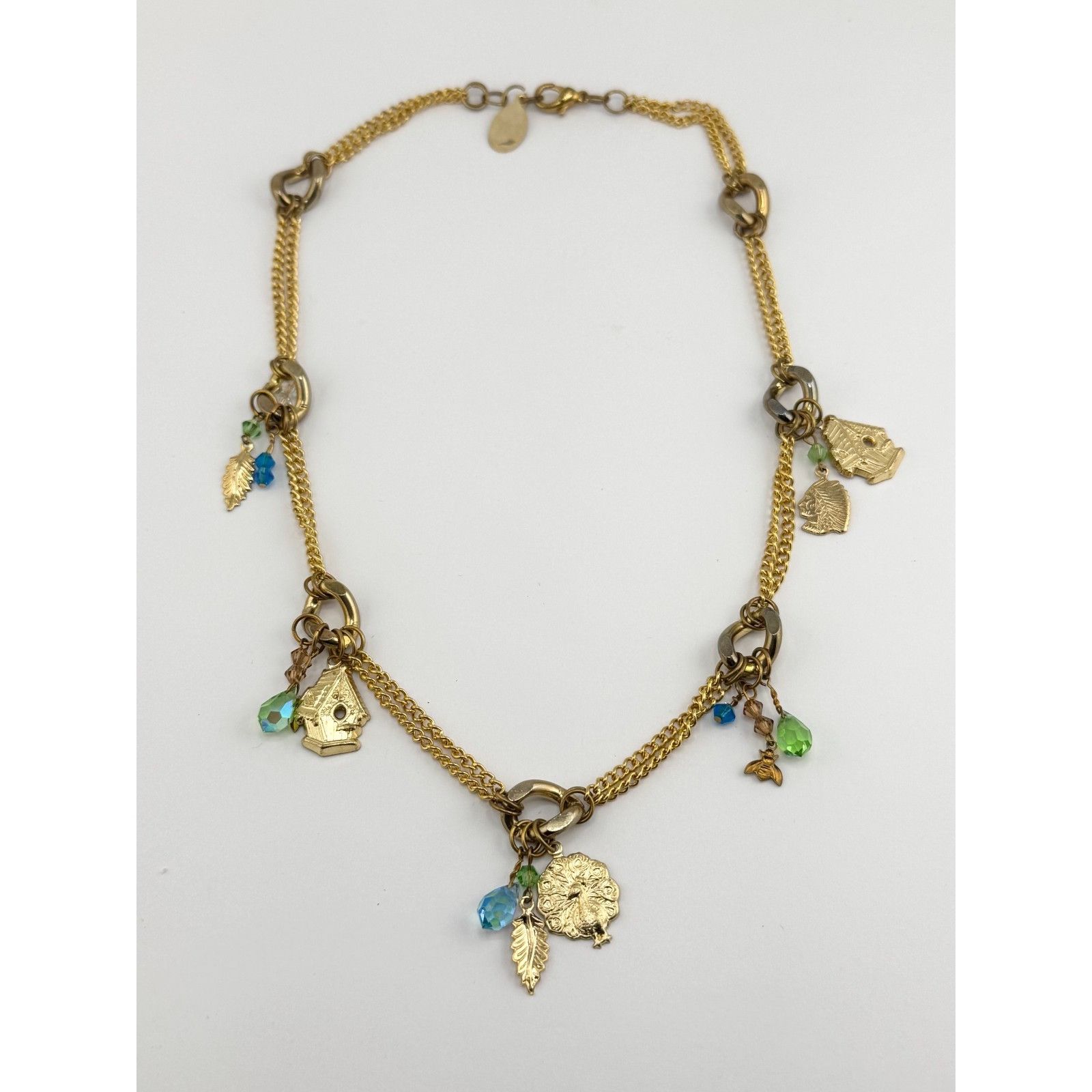 Vintage Vintage crystal charm necklace feathers, birdhouse, peacock, Size ONE SIZE - 2 Thumbnail