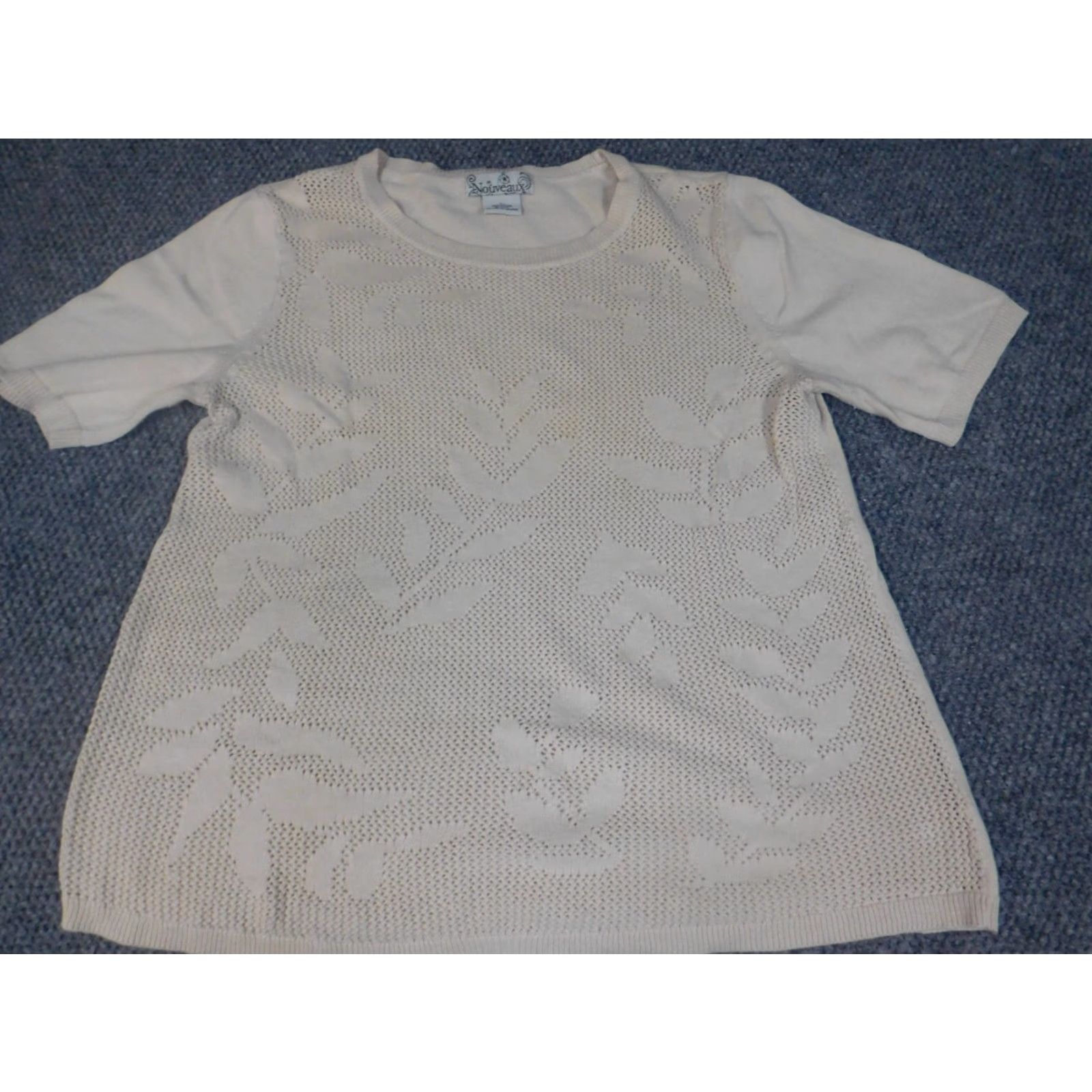 Vintage Nouveaux Womens Sweater L Beige Floral Knit Crew Neck Pullover Short Sleeve Cotton Lightweight Stretch Regular Womens Size L Size L / US 10 / IT 46 - 3 Thumbnail