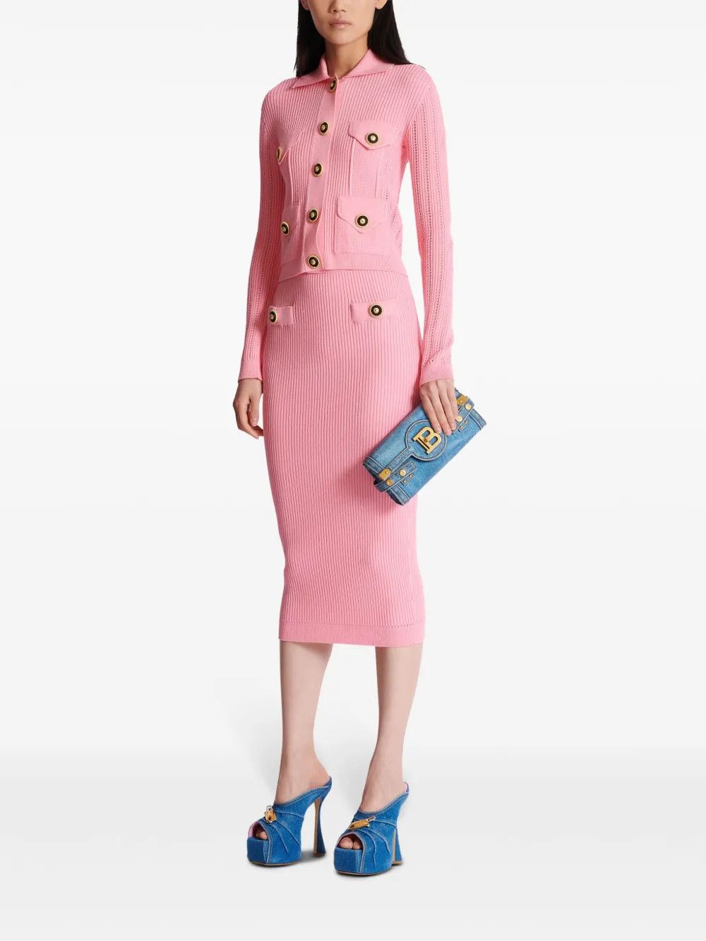 Balmain o1s1wg111225 Woven Midi Skirt in Pink Size 30" / US 8 / IT 44 - 2 Thumbnail