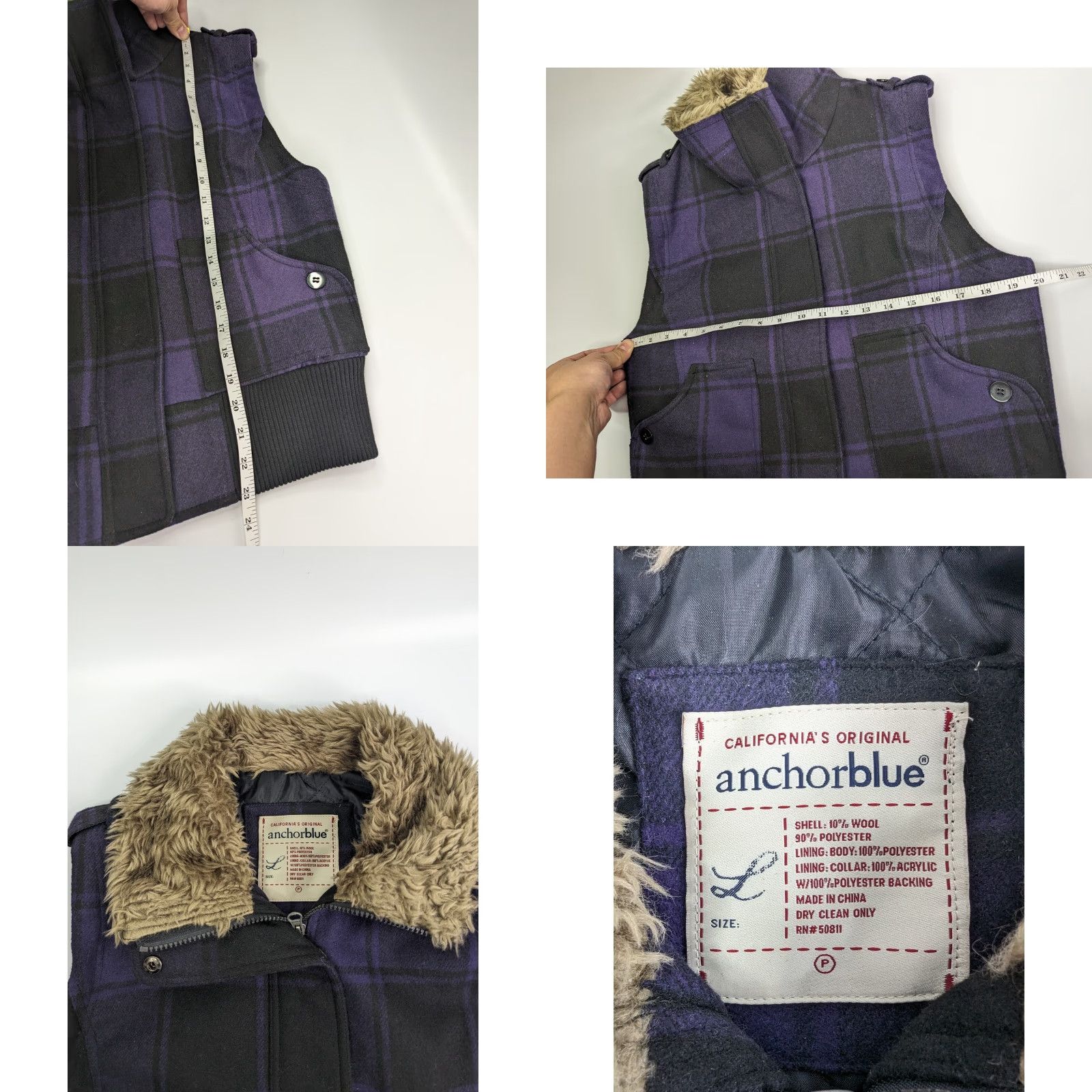 Anchor Blue Anchorblue Vest Black & Purple Plaid Lined Size Large Faux Fur Collar Zip Snaps Women Size L / US 10 / IT 46 - 8 Thumbnail