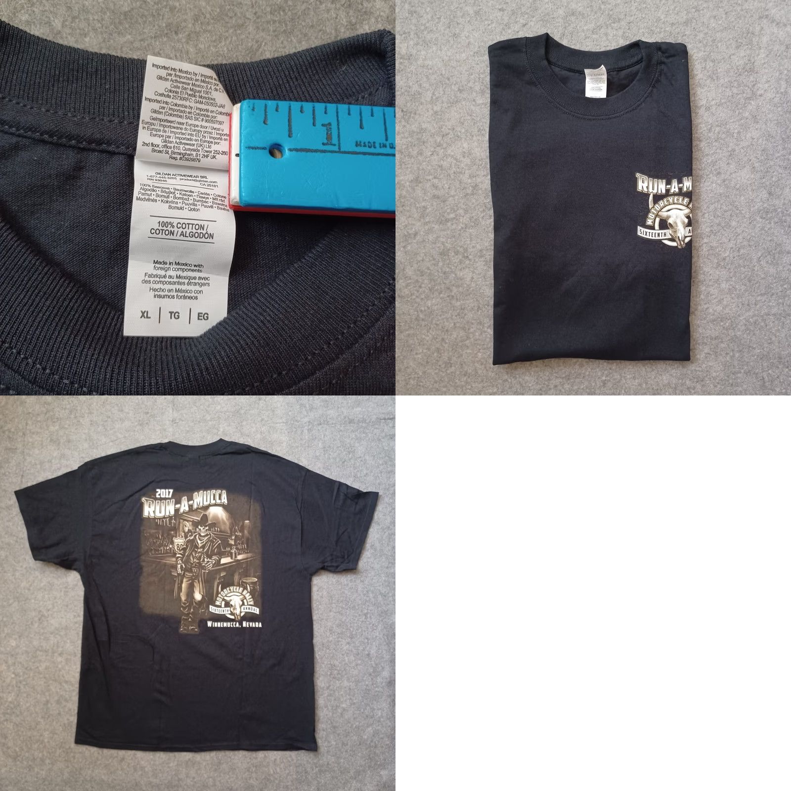 Gildan VINTAGE Motorcycle Rally T Shirt Men XL Black Double Side Run A Mucca Graphic Skull 2017 Size US XL / EU 56 / 4 - 9 Thumbnail