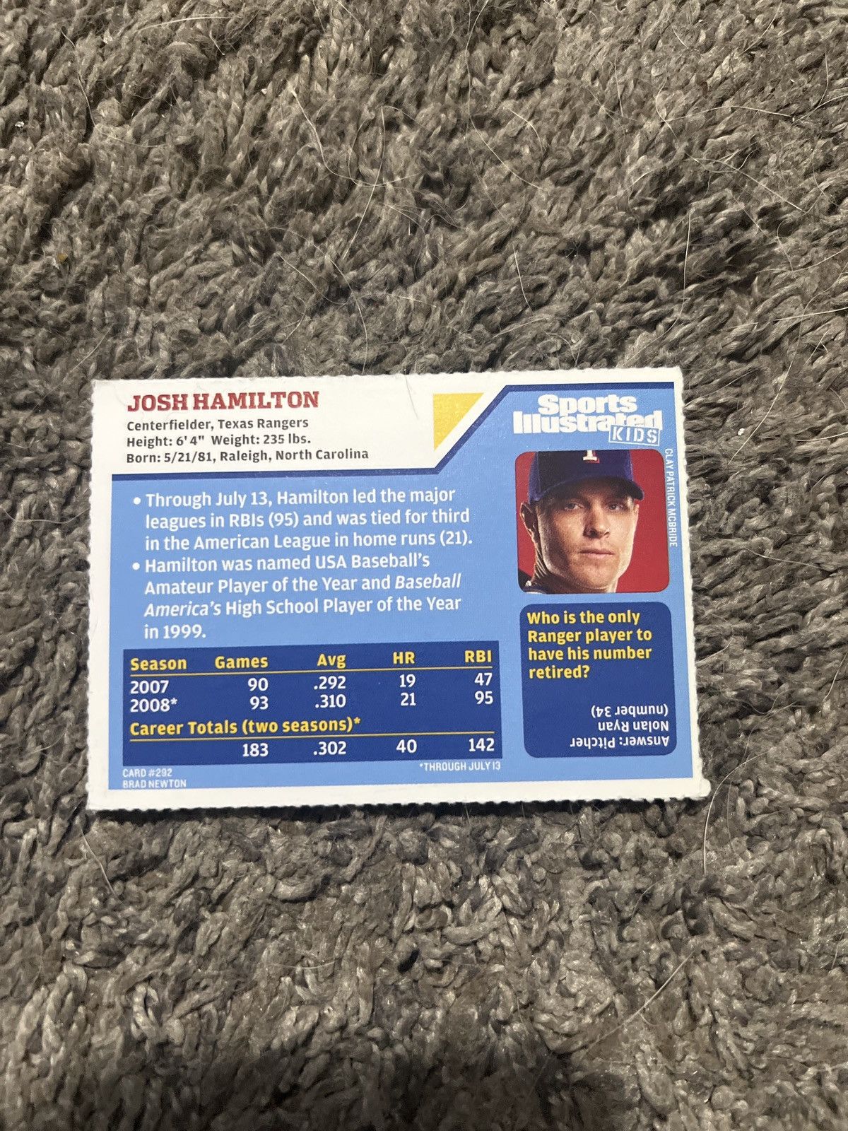 MLB 2008 Sports Illustrated Kids #292 Josh Hamilton Card Size ONE SIZE - 2 Thumbnail
