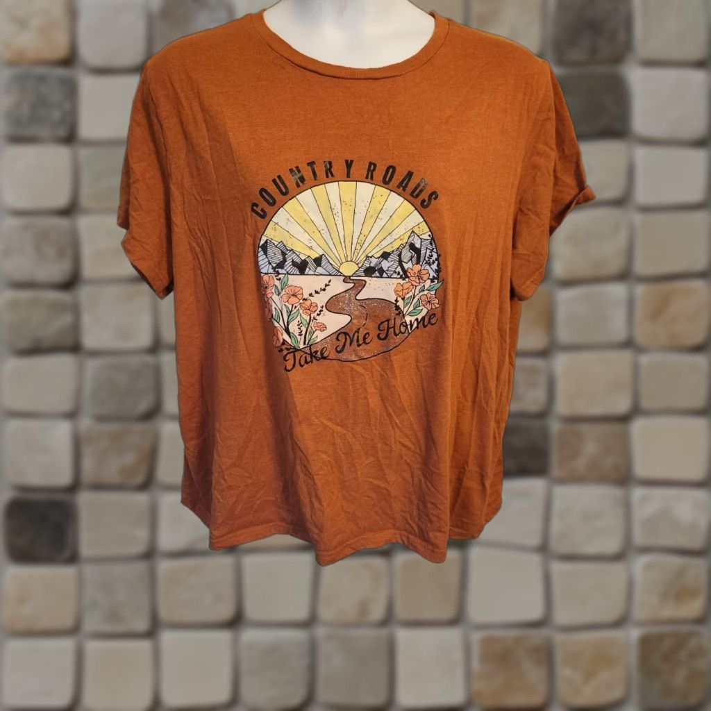 Shein SheIn Country Roads Take Me Home T-Shirt Orange 4XL Womens Casual Short Sleeve Crew Neck Plus Size Breathable Easy Care Size XXL / US 16-18 / IT 52-54 - 1 Thumbnail