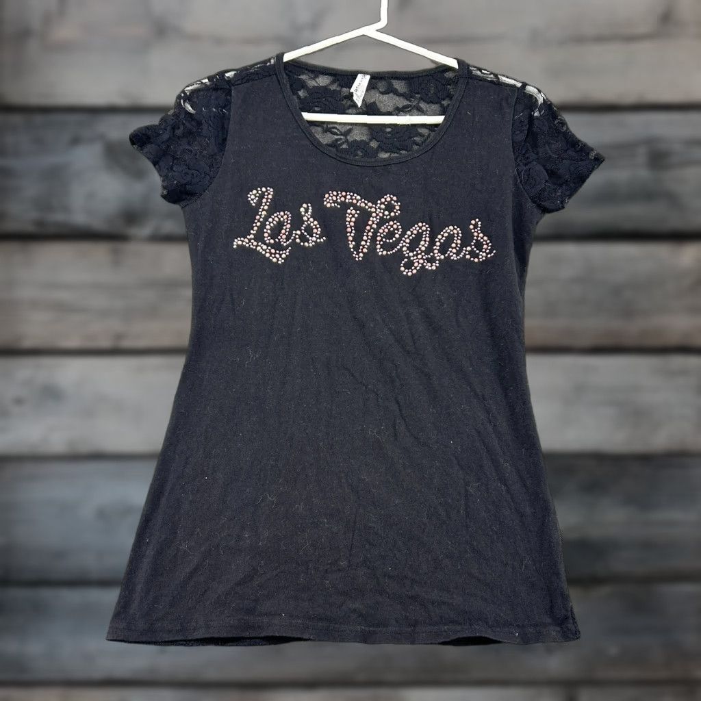 Vintage VINTAGE RESERVED Las Vegas Shirt Womens XL Black Rhinestone Lace Floral Y2K Cap Sleeve Crew Neck T-Shirt Casual Womens Size XL / US 12-14 / IT 48-50 - 1 Thumbnail
