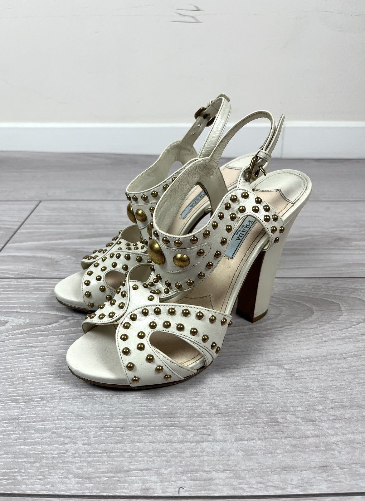 Prada Prada White Leather Studded Heels Sandals Shoes Size US 9 / IT 39 - 1 Thumbnail