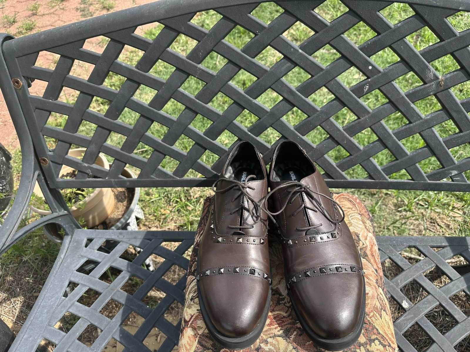 Karl Lagerfeld KARL LAGERFELD Brown Leather Studded Oxford Men's Dress Shoe Size US 10.5 / EU 43-44 - 2 Thumbnail