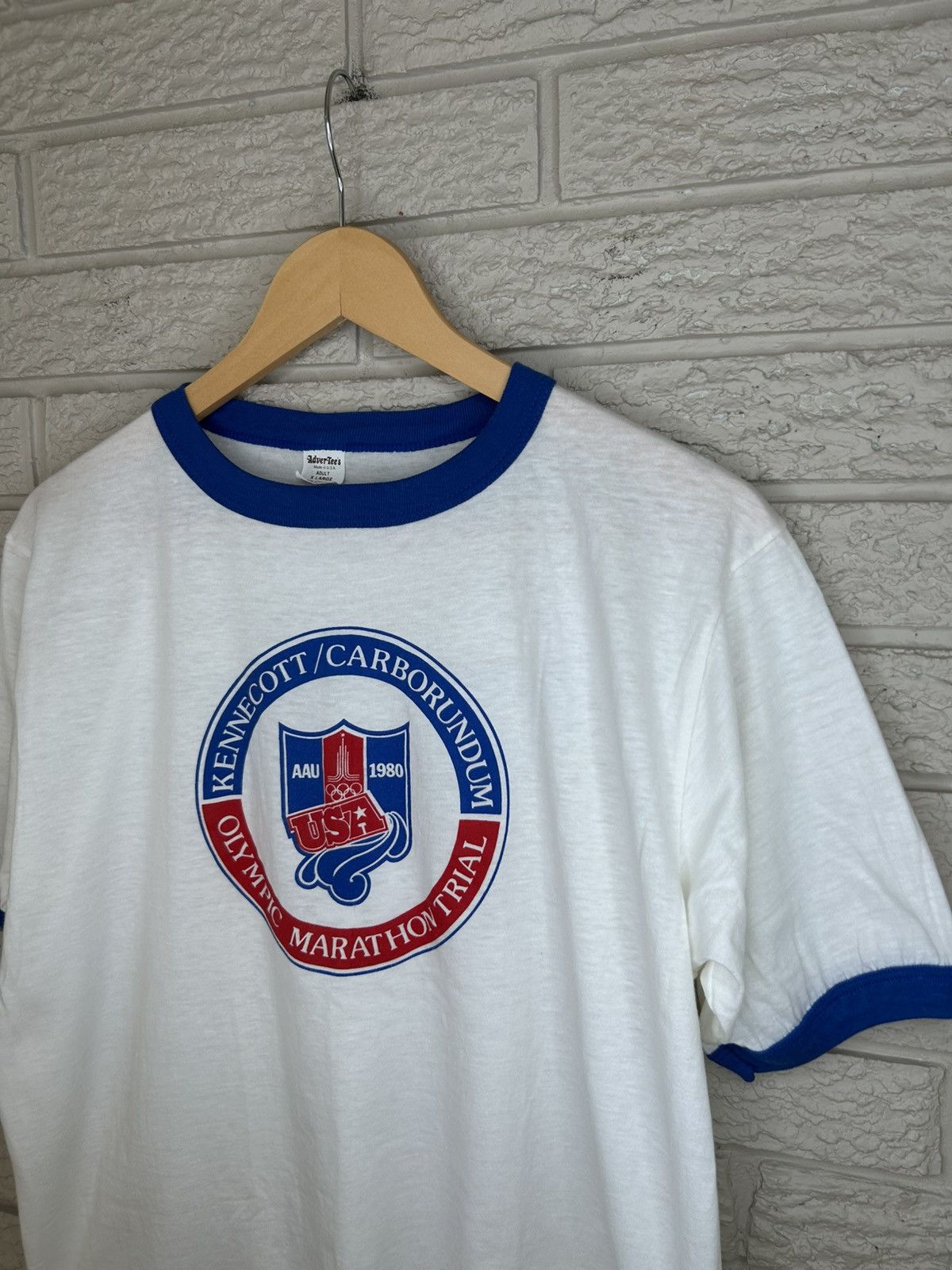 Vintage Vintage 80s USA Olympic Marathon Trial Thin Ringer T Shirt Size US L / EU 52-54 / 3 - 3 Thumbnail
