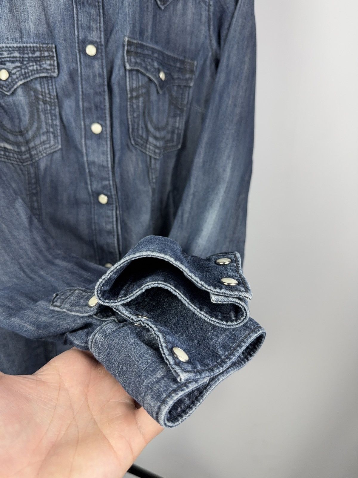 True Religion × Vintage True Religion Denim Western Shirt Snap Button Distressed Size L / US 10 / IT 46 - 7 Thumbnail