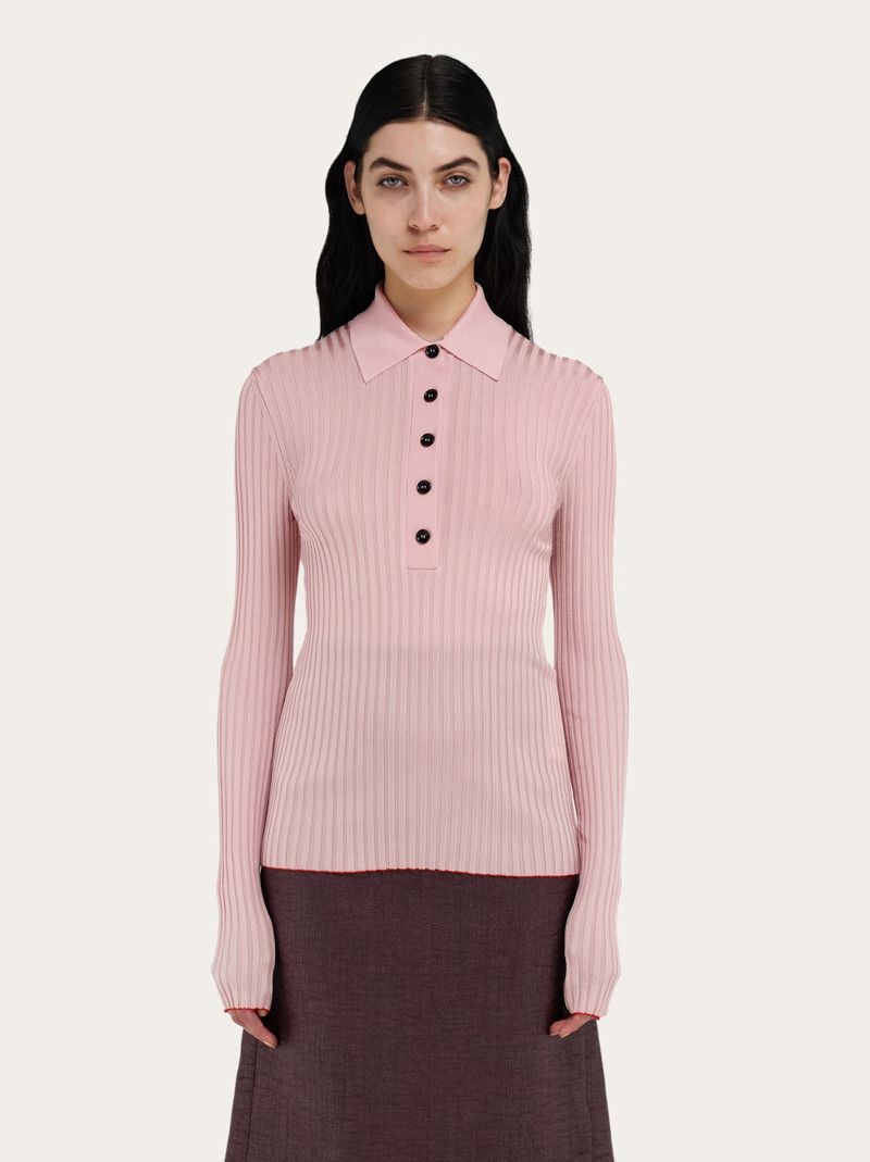 Salvatore Ferragamo o1s1rm0526 Long sleeved Ribbed Knit Polo Sweater in Pink Size S / US 4 / IT 40 - 2 Thumbnail