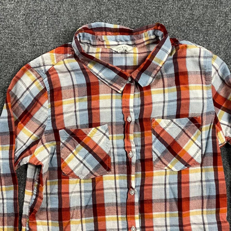 Lucky Brand Lucky Brand Top Women's Medium Orange Plaid Button Up Cotton Size M / US 6-8 / IT 42-44 - 2 Thumbnail