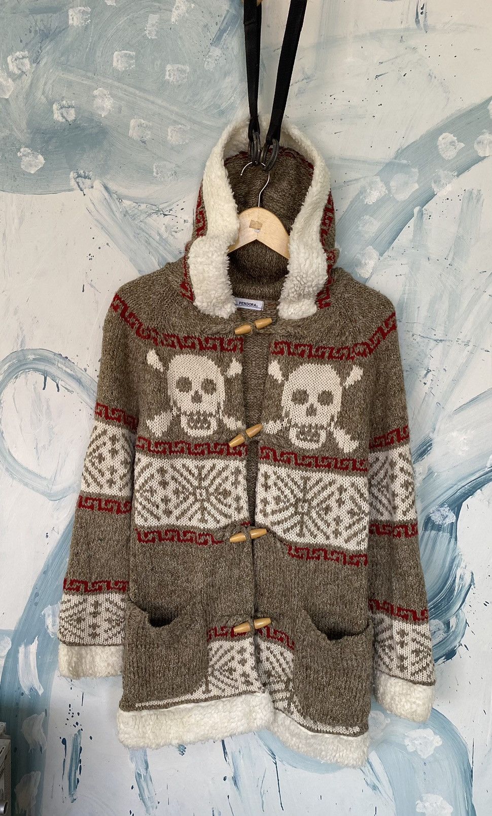 image of Homespun Knitwear Pendora Hoodie Duffle Wood Button Knitwear Nice Pattern, Men's (Size Medium)