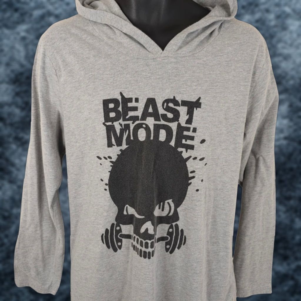 Beast Mode Work Out Hoodie T Shirt Womens Size XL Gray Skull Gym Lifting