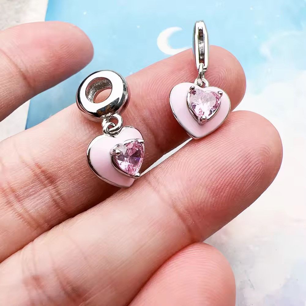 Other Pink Stones Enamel Heart Pendant Dangle Charm (1piece) Size ONE SIZE - 1 Thumbnail