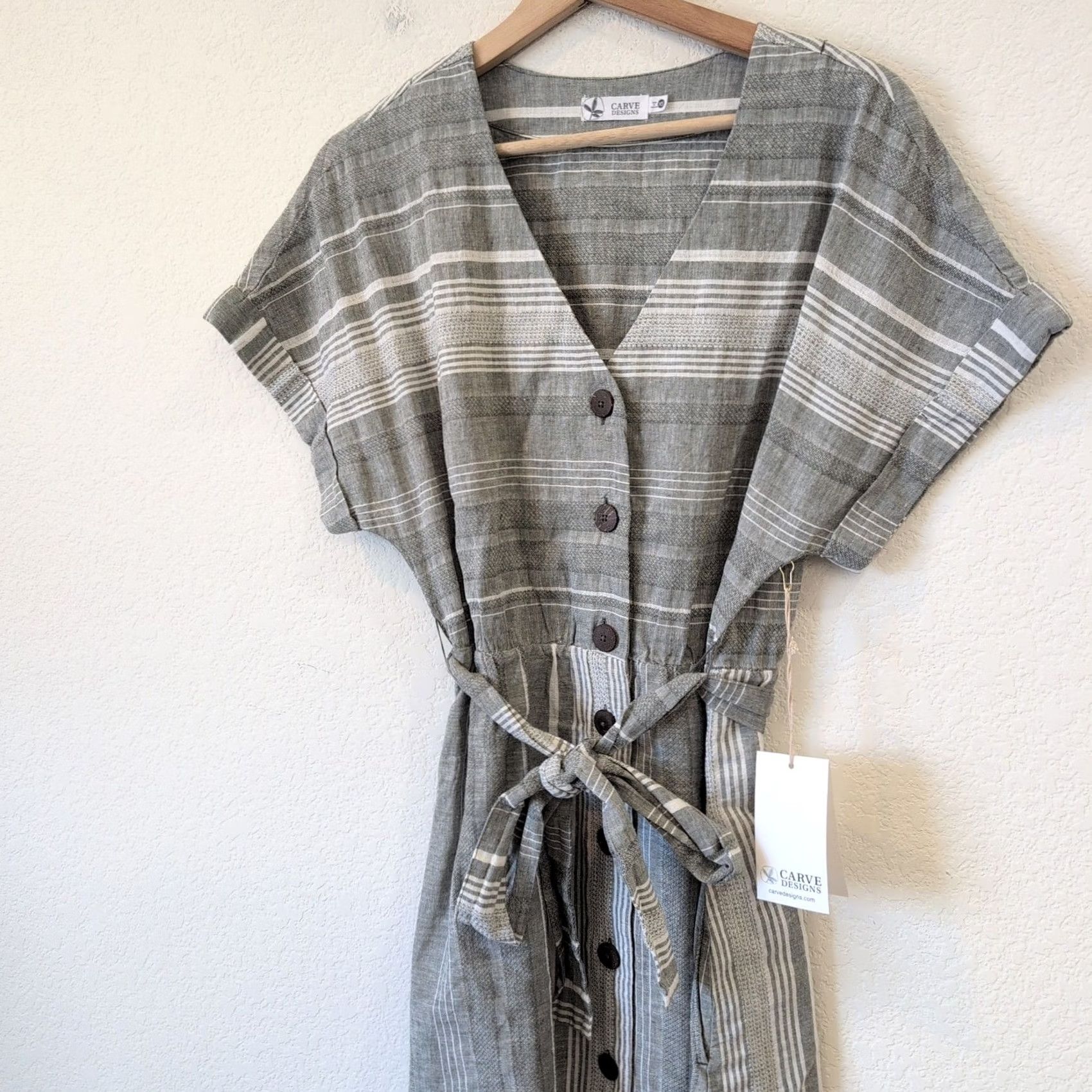 Vintage VINTAGE Carve Design Willow Dress XS Linen Blend Moss Stripe Gray Button Front NWT Size XS / US 0-2 / IT 36-38 - 4 Thumbnail