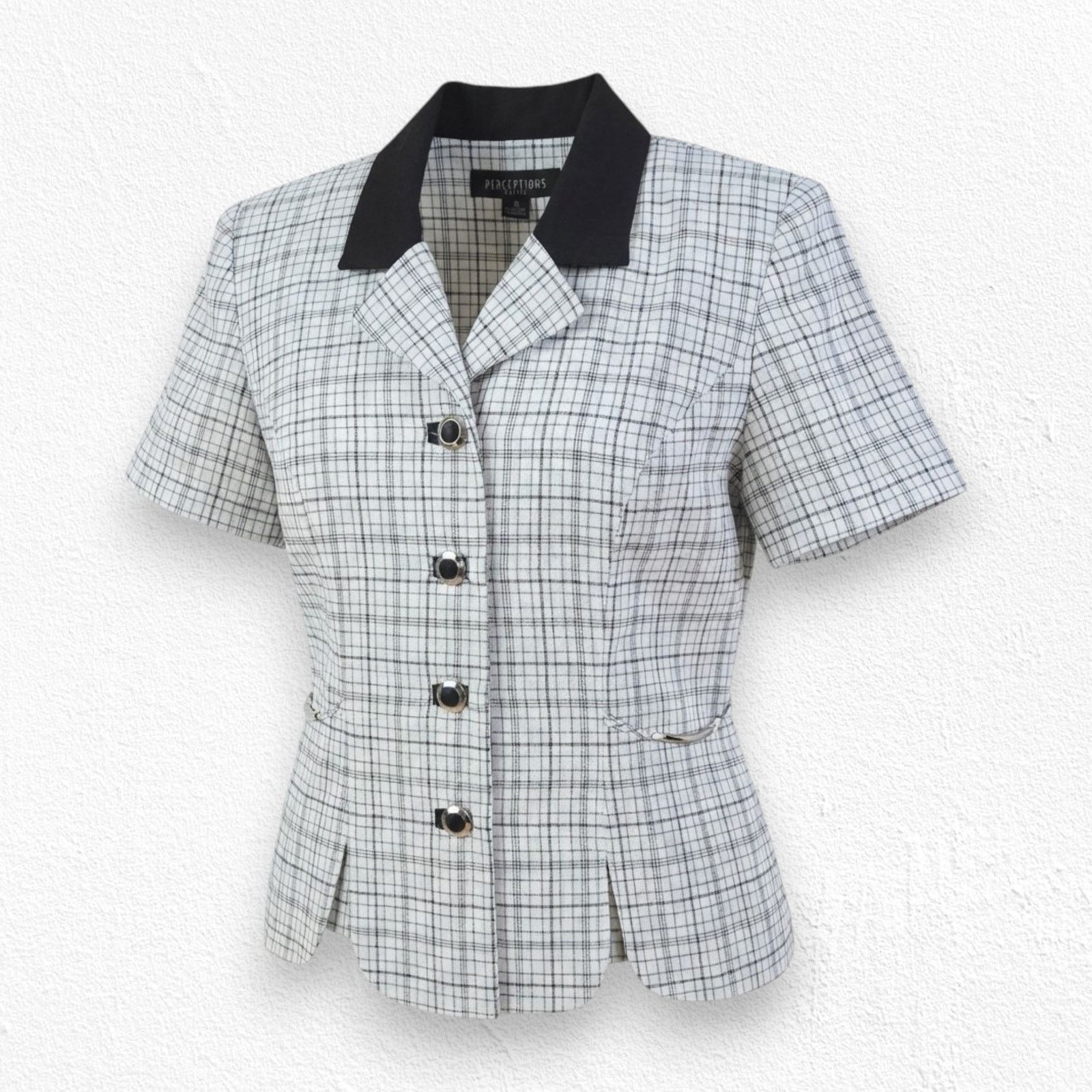 Vintage 90s White Black Graph Check Short Sleeve Blazer Size 8P Size M / US 6-8 / IT 42-44 - 1 Thumbnail