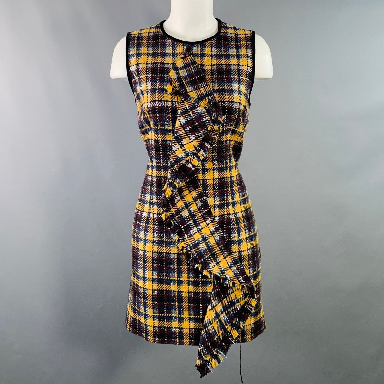 MSGM Size 8 Yellow Black Silver Wool Plaid Ruffle Mini Dress Size M / US 6-8 / IT 42-44 - 1 Thumbnail