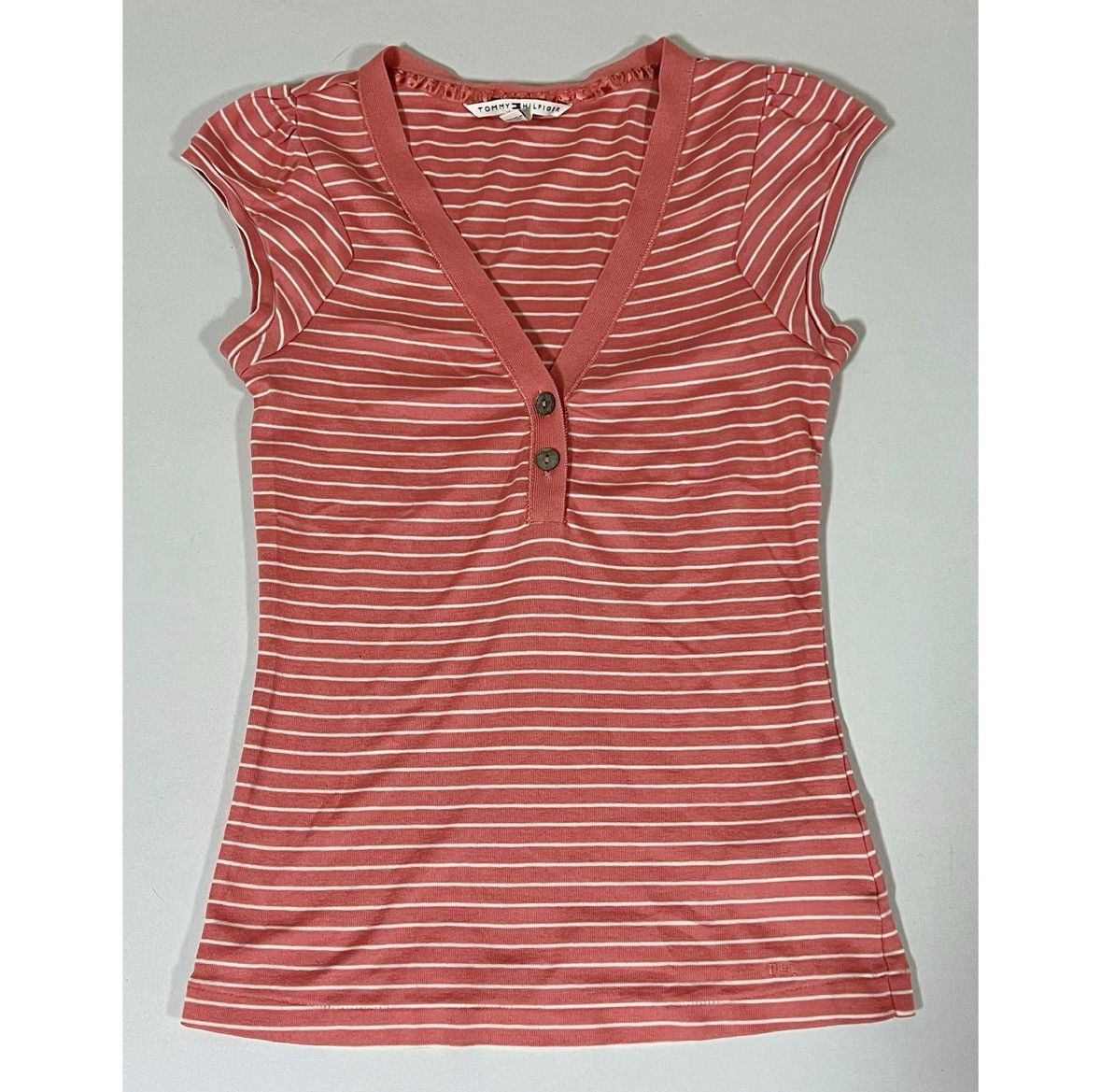 Tommy Hilfiger Tommy Hilfiger Pink White Striped Henley Shirt Top Size S 🌸✨ Size S / US 4 / IT 40 - 2 Thumbnail