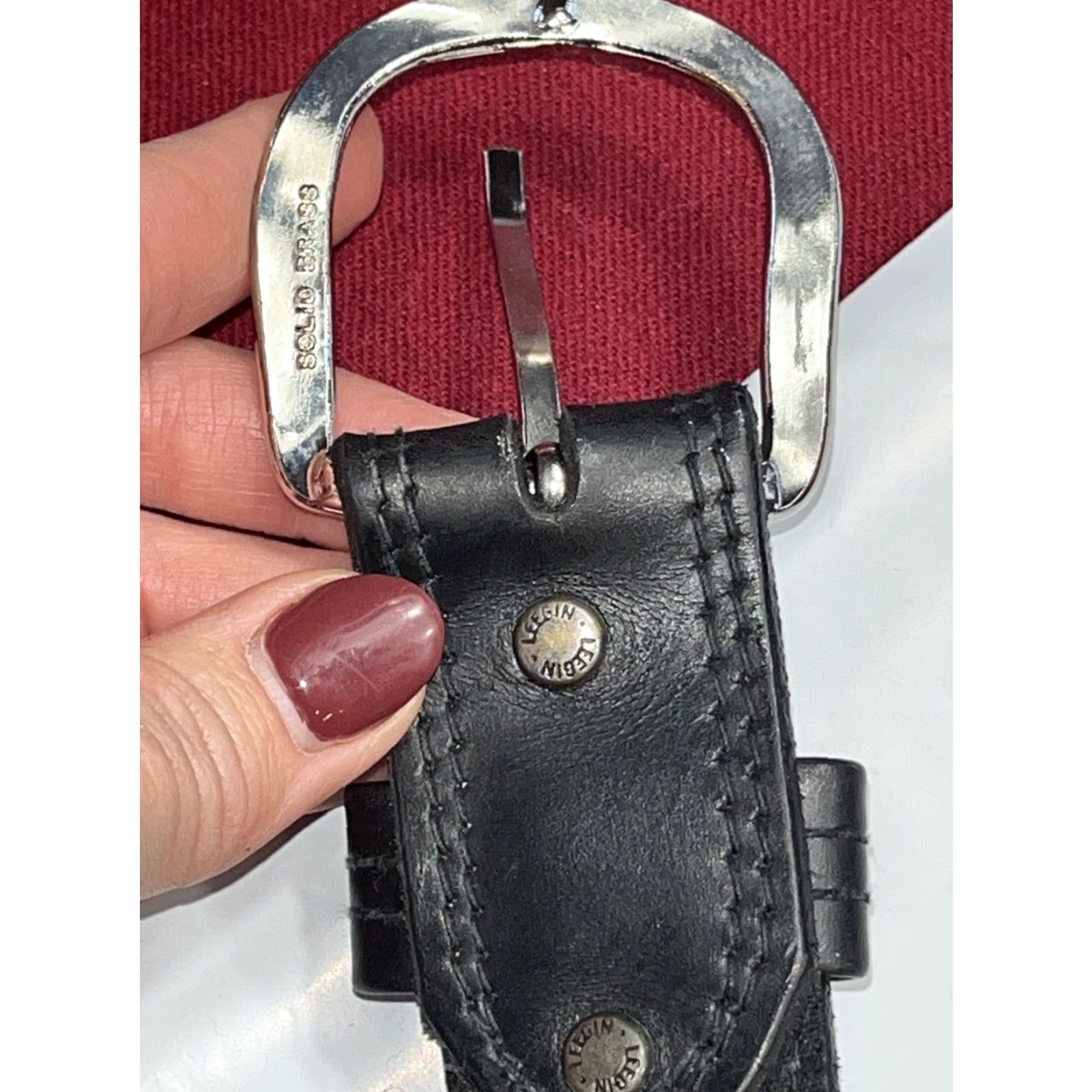 Vintage Leegin BLACK Leather BELT brass Silver Buckle Handcrafted in USA Size 50 Fits 46-53” Men Size ONE SIZE - 7 Thumbnail