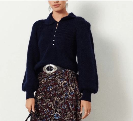 ba&sh Ba&Sh Puffed Sleeve Knit Polo Mohair/Wool Sweater Navy Size S / US 4 / IT 40 - 1 Thumbnail