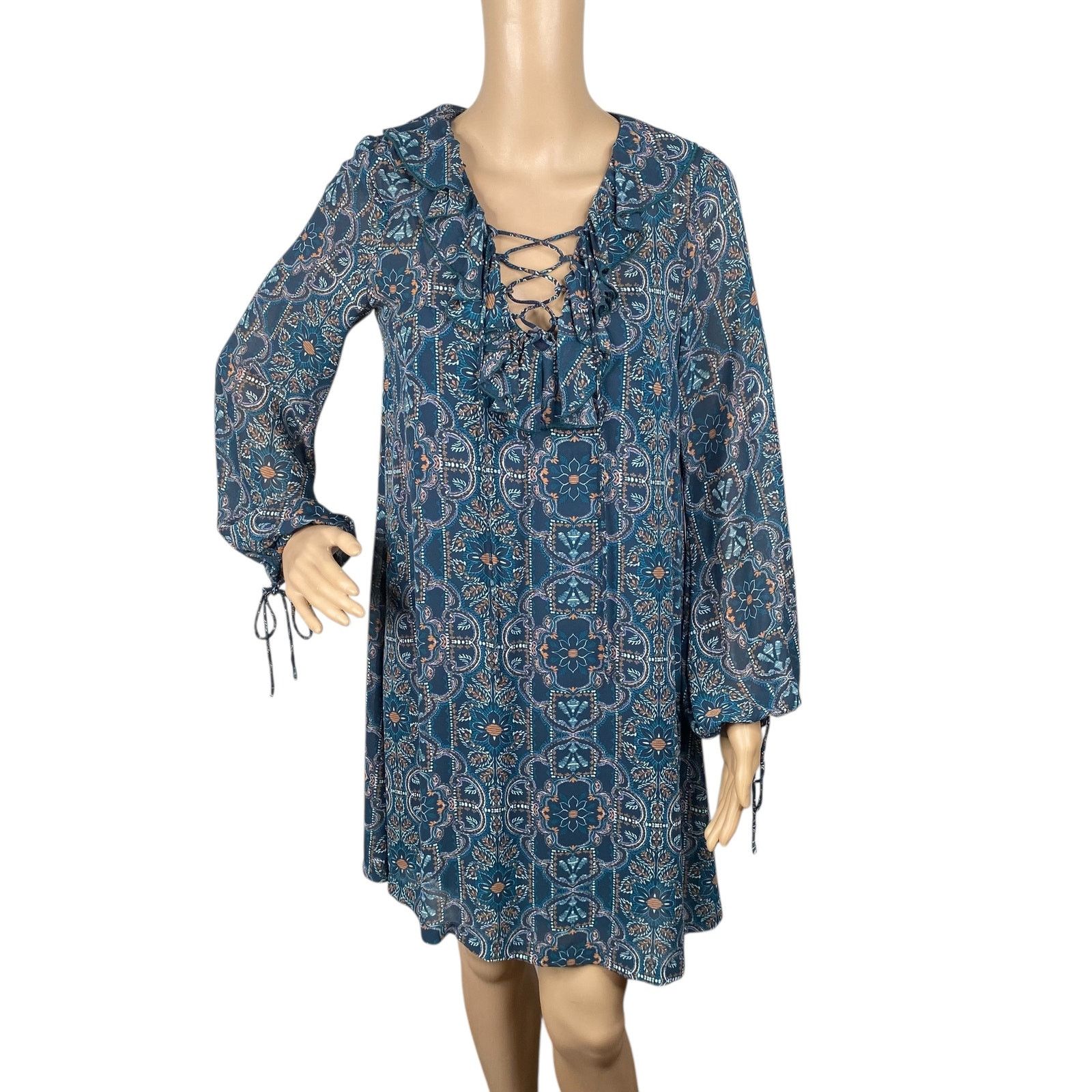 Neiman Marcus Suncoo Paris Teal Boho Ruffle Lace Up Shift Dress SZ XS Size XS / US 0-2 / IT 36-38 - 1 Thumbnail