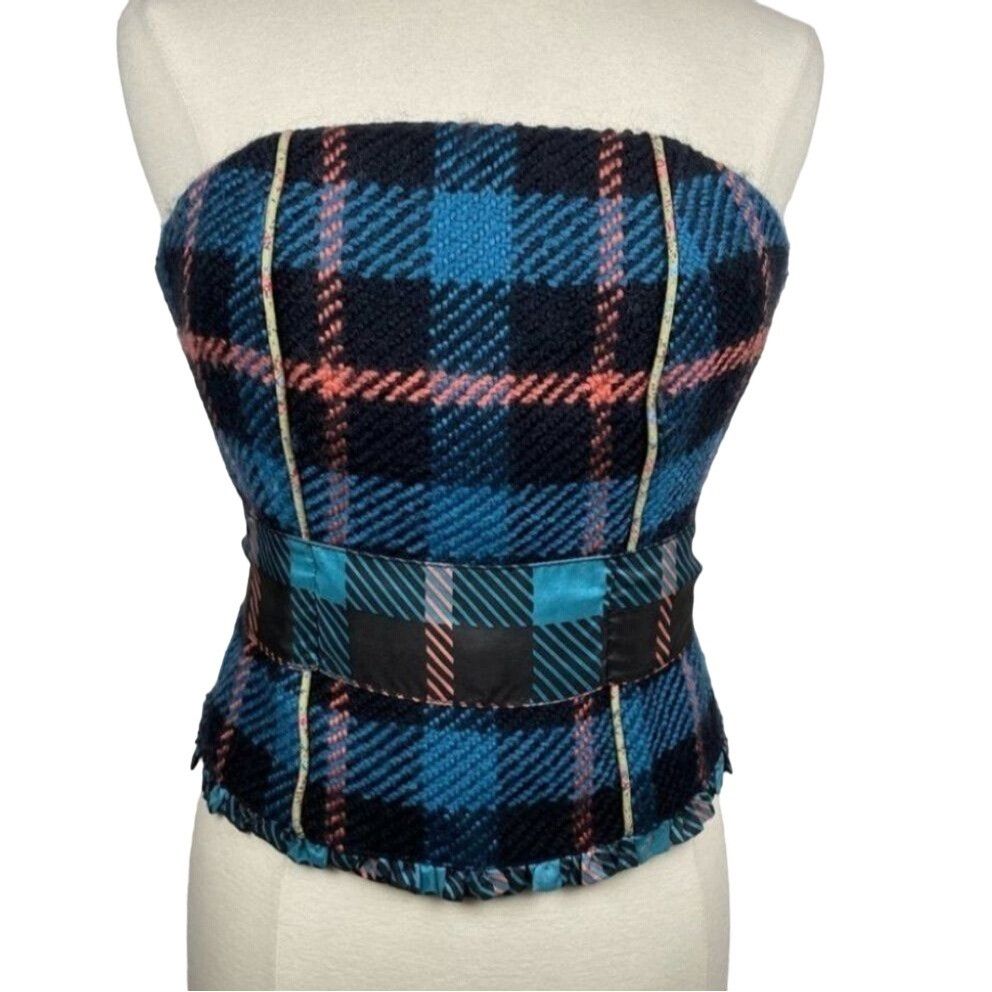 Designer Manoush Plaid Corset Strapless Top Size 40 US S Blue Wool Size S / US 4 / IT 40 - 5 Thumbnail