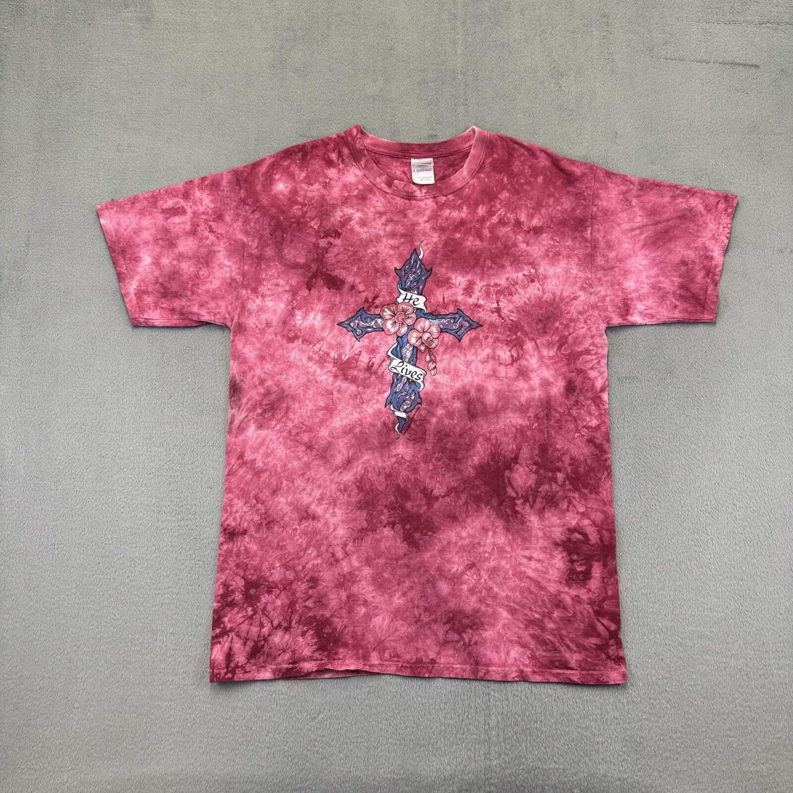 Gildan Gildan Pink/Purple Tie Dye Graphic Tee with Cross & Flowers Size ONE SIZE - 1 Thumbnail