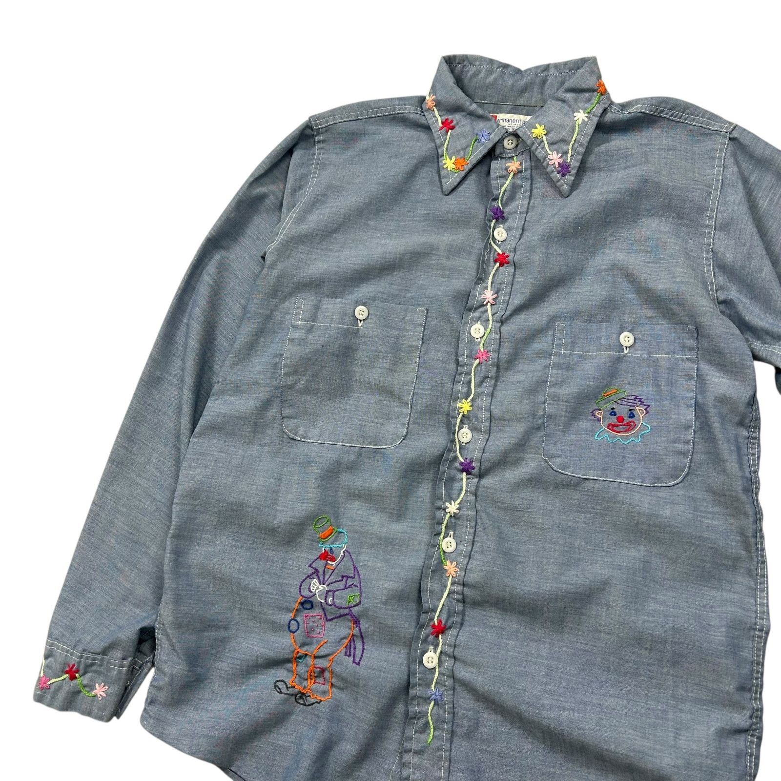 Vintage 70s PERMANENT PRESS EMBROIDERED CHAMBRAY SHIRT CLOWN FLOWER Size US M / EU 48-50 / 2 - 3 Thumbnail