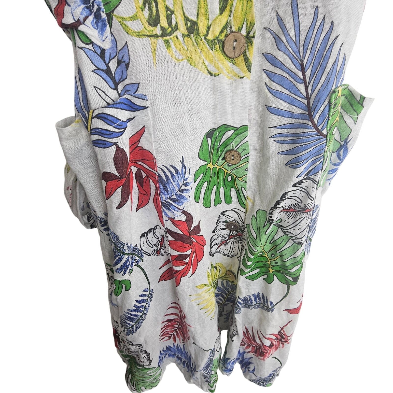 Alessia Pacini Floral Leaf Print Linen Dress L Travel Beach