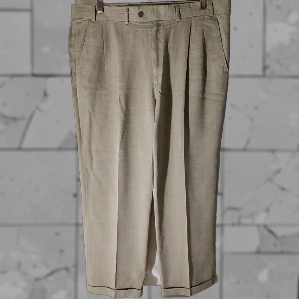VINTAGE Rinaldo Giuliani Pants Dress Pants Men Brown Pantaloon Pleat Linen  Polyester Rayon Cuffed 37x29