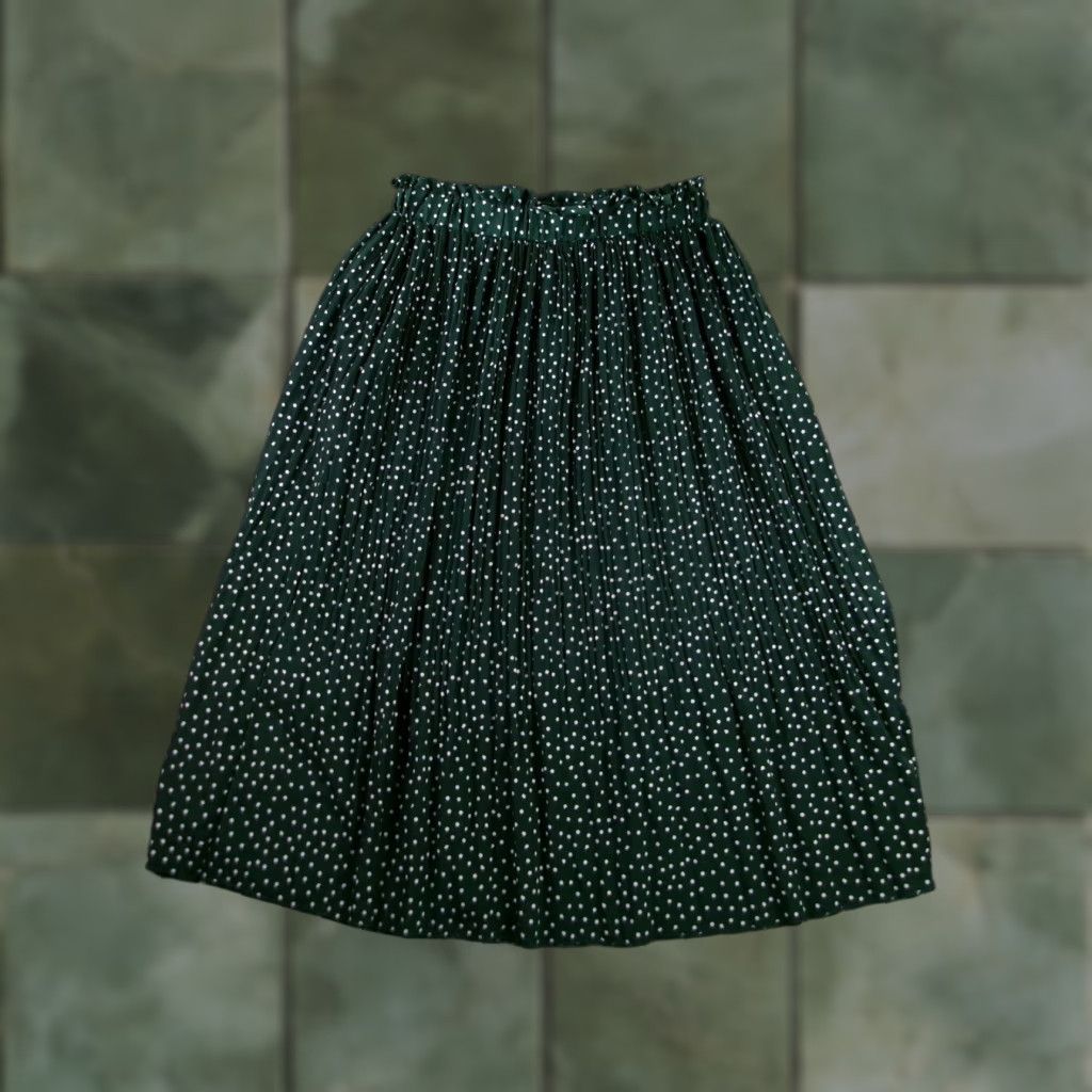 Vintage EXLURA Skirt Womens L Green Polka Dot Pleated Midi Elastic Waist Polyester Size 36" / US 14 / IT 50 - 1 Thumbnail