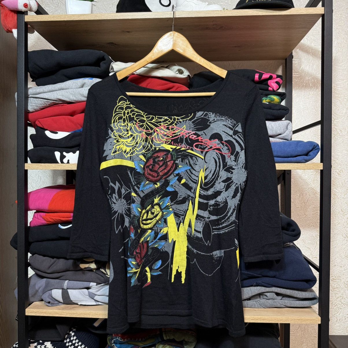 Ed Hardy 📌 Crazy Y2K Ed Hardy Rhinestones Full Print Longsleeve Size S / US 4 / IT 40 - 1 Thumbnail