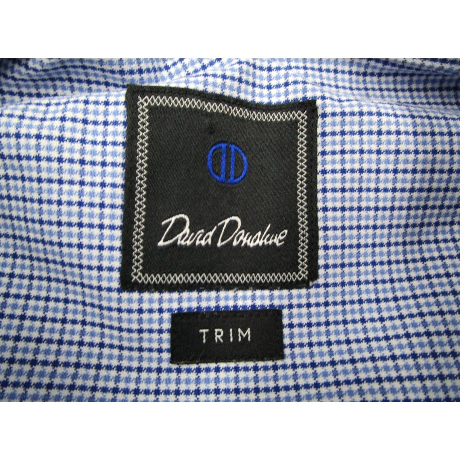 David Donahue David Donahue Mens 17.5 34 Trim Fit Blue Check Dress Shirt Long Sleeve Button Up Cotton Size 34R - 3 Thumbnail