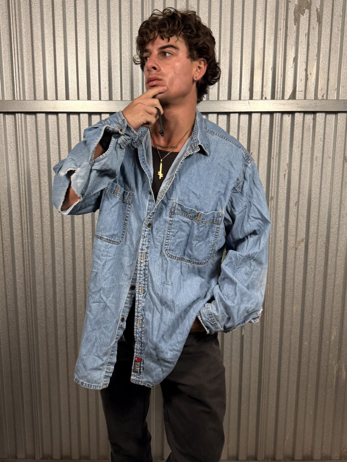 Vintage Distressed Levis Denim Western Button Up Shirt
