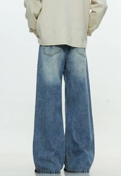 VIBE Washed blue simple men's loose straight high street jeans Size US 32 / EU 48 - 6 Thumbnail