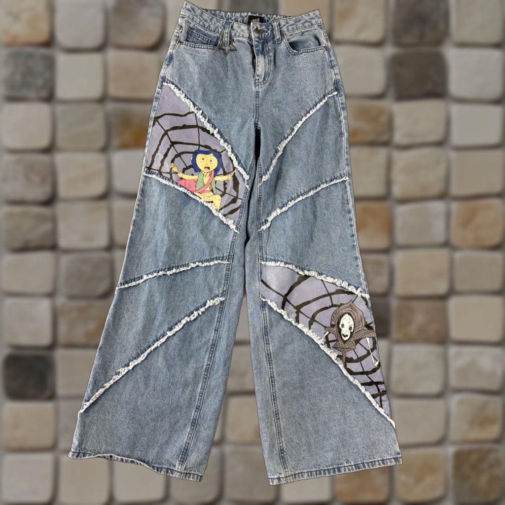 Hot Topic Hot Topic Coraline Jeans Womens 1 (26 x 32) Blue Denim Wide Leg Patchwork Charm Size 25" / US 0 / IT 36 - 1 Thumbnail